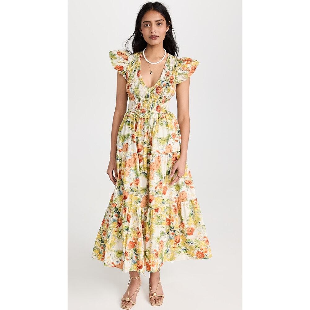 OPT yellow floral‎ smocked midi dress